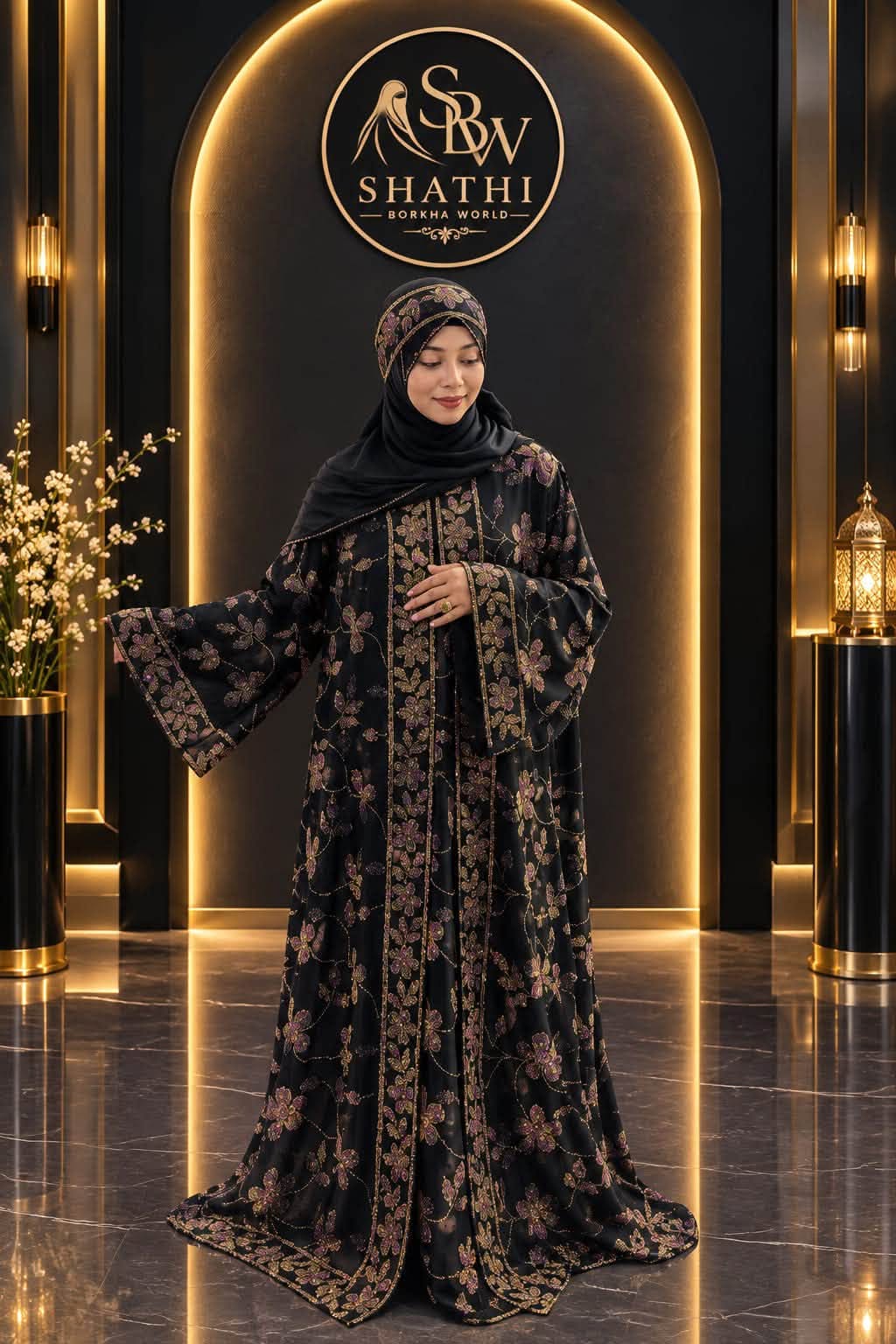 Shathi Elegance Floral Black Borka